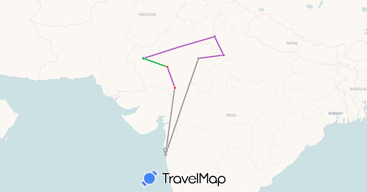 TravelMap itinerary: bus, plane, train, hiking in India (Asia)
